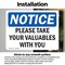 Signmission Please Take Your Valuables With You, 7 in W x Rectangle, Vinyl Decal OS-2PACK-NS-D-57-L-17602 - alternate 2